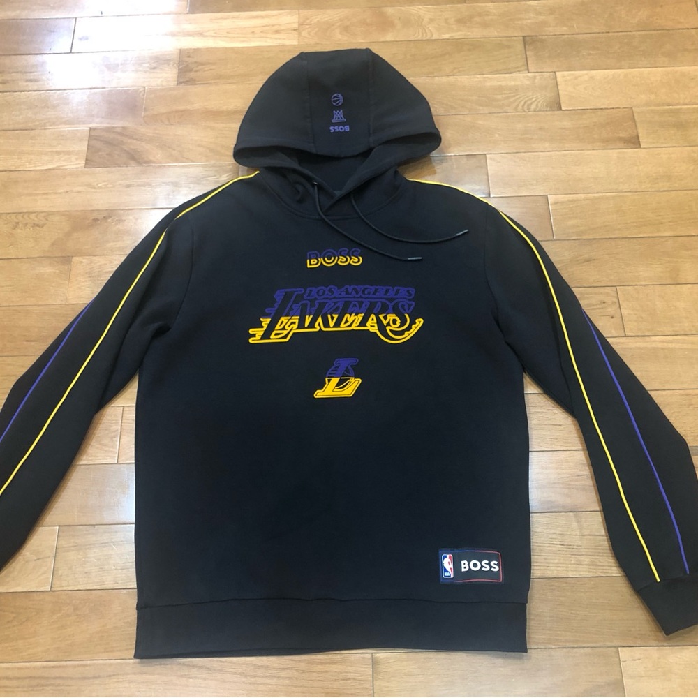 HUGO BOSS AG x NBA Los Angeles Lakers Black Cotton-Blend Hoodie Sz L Sport Luxe